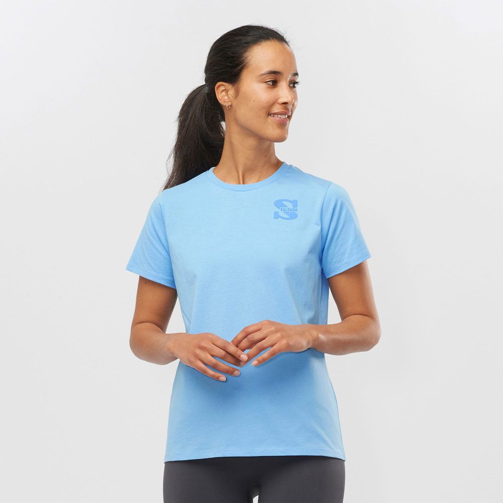 Camisetas Salomon Mujer Azules Claro - Salomon Argentina OUTLIFE SMALL LOGO SS W,078329-XMG